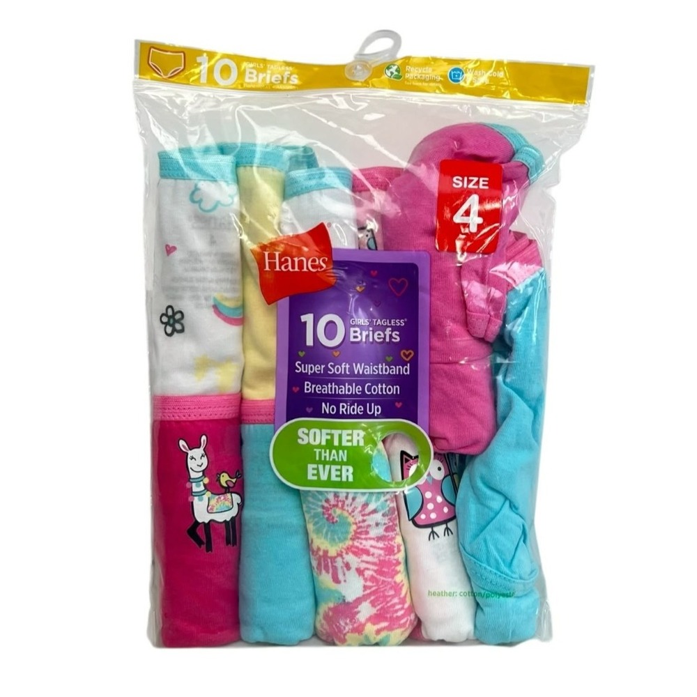 Hanes Girls' Tagless Cotton Briefs sz 4, 10-pack Assorted Colors-New In Pkg